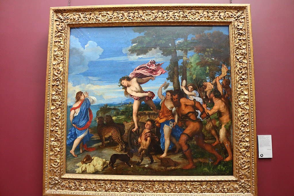 A classical painting framed in ornate gold, depicting a lively mythical scene with gods, humans, and animals in a lush landscape.