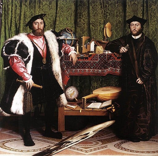 Two men in 16th-century attire stand beside a table with scientific instruments, a globe, and books, against a green curtain backdrop.