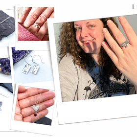 A woman showing off a ring on her hand is centered amid various photos displaying different handmade jewelry pieces.