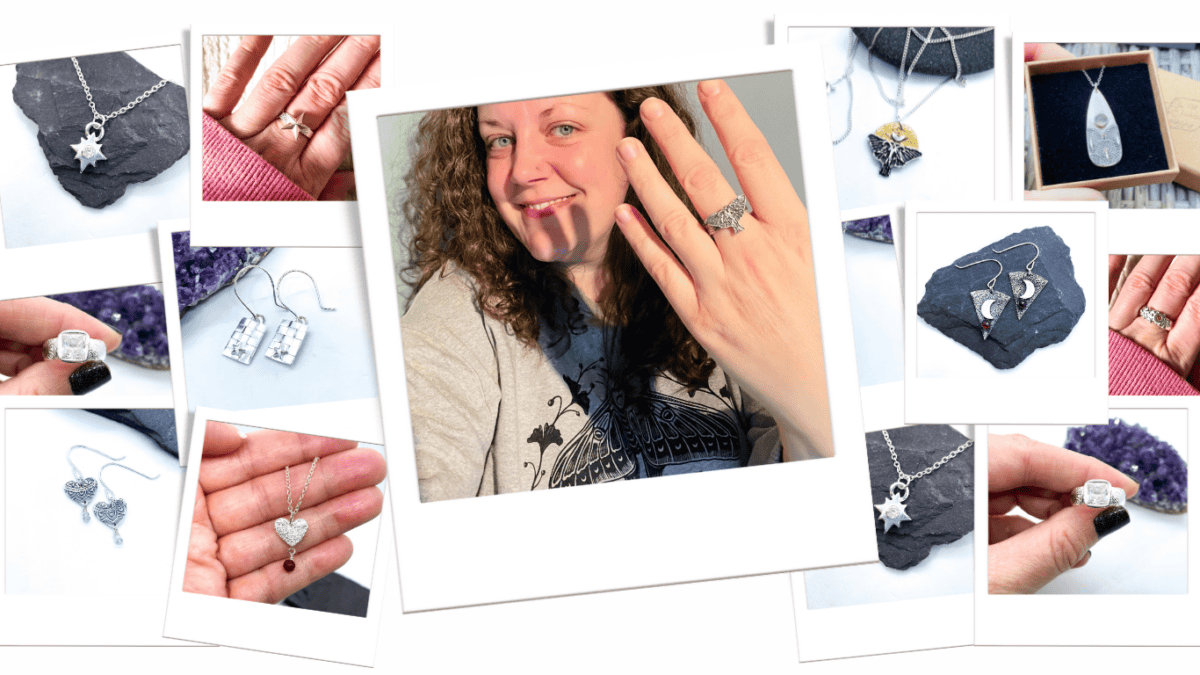 A woman showing off a ring on her hand is centered amid various photos displaying different handmade jewelry pieces.