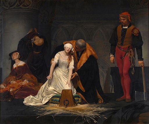 Blindfolded woman kneels at a wooden block in preparation for execution, surrounded by somber figures in historical attire.