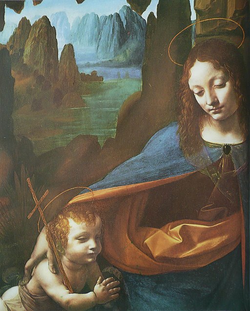 A Renaissance painting depicting a woman with a halo and a child holding a cross, set against a mountainous landscape.