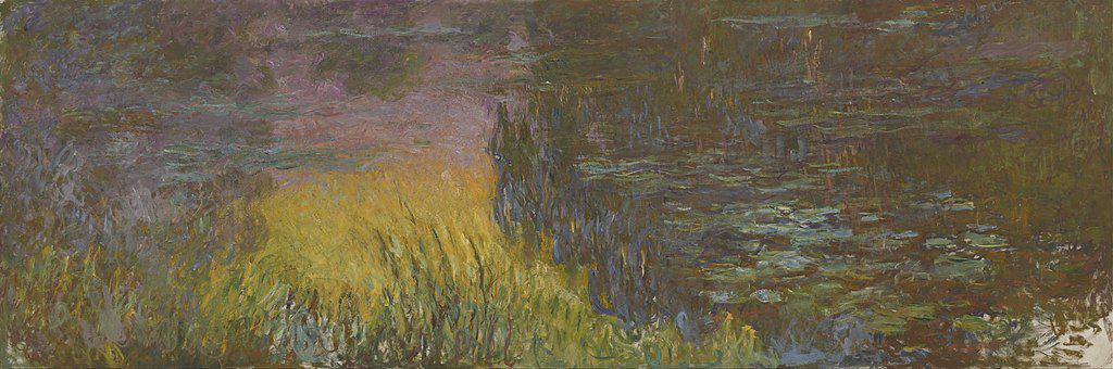 Impressionist painting of a pond with lily pads, reeds, and calm water reflecting purple and green hues.