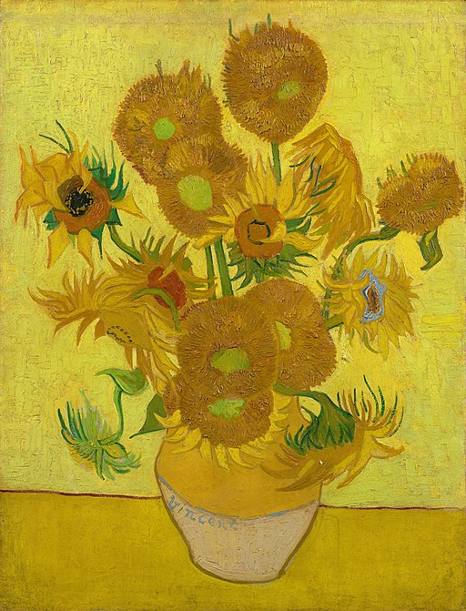 A vibrant painting of twelve sunflowers in a yellow vase against a yellow background, showcasing varying stages of bloom.